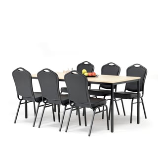 Spisegruppe 1 bord  + 6 stoler, med svart/bjørk