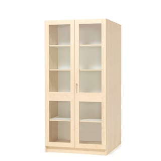 Wooden storage cabinet THEO with tall glass doors, 1000x470x2100 mm, birch