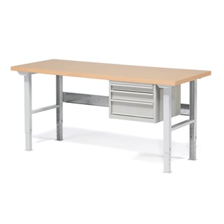 Package: height adjustable workbench ROBUST with 3 drawers, 2000x800 mm