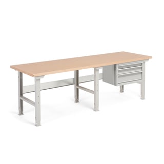Package: height adjustable workbench ROBUST with 3 drawers, 2500x800 mm