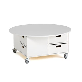 Play table with storage MINNA, incl. boxes, Ø1170x530 mm, white
