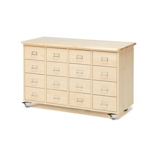 Mobile merchant chest, 16 drawers, handle with label holder, birch