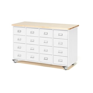 Mobile merchant chest, 16 drawers, handle with label holder, white