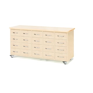 Mobile merchant chest, 20 drawers, bow handle, birch