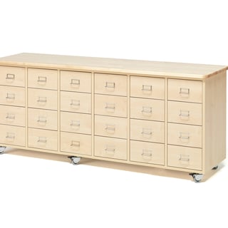 Mobile merchant chest, 24 drawers, handle with label holder, birch