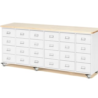 Mobile merchant chest, 24 drawers, handle with label holder, white