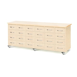 Mobile merchant chest, 24 drawers, bow handle, birch