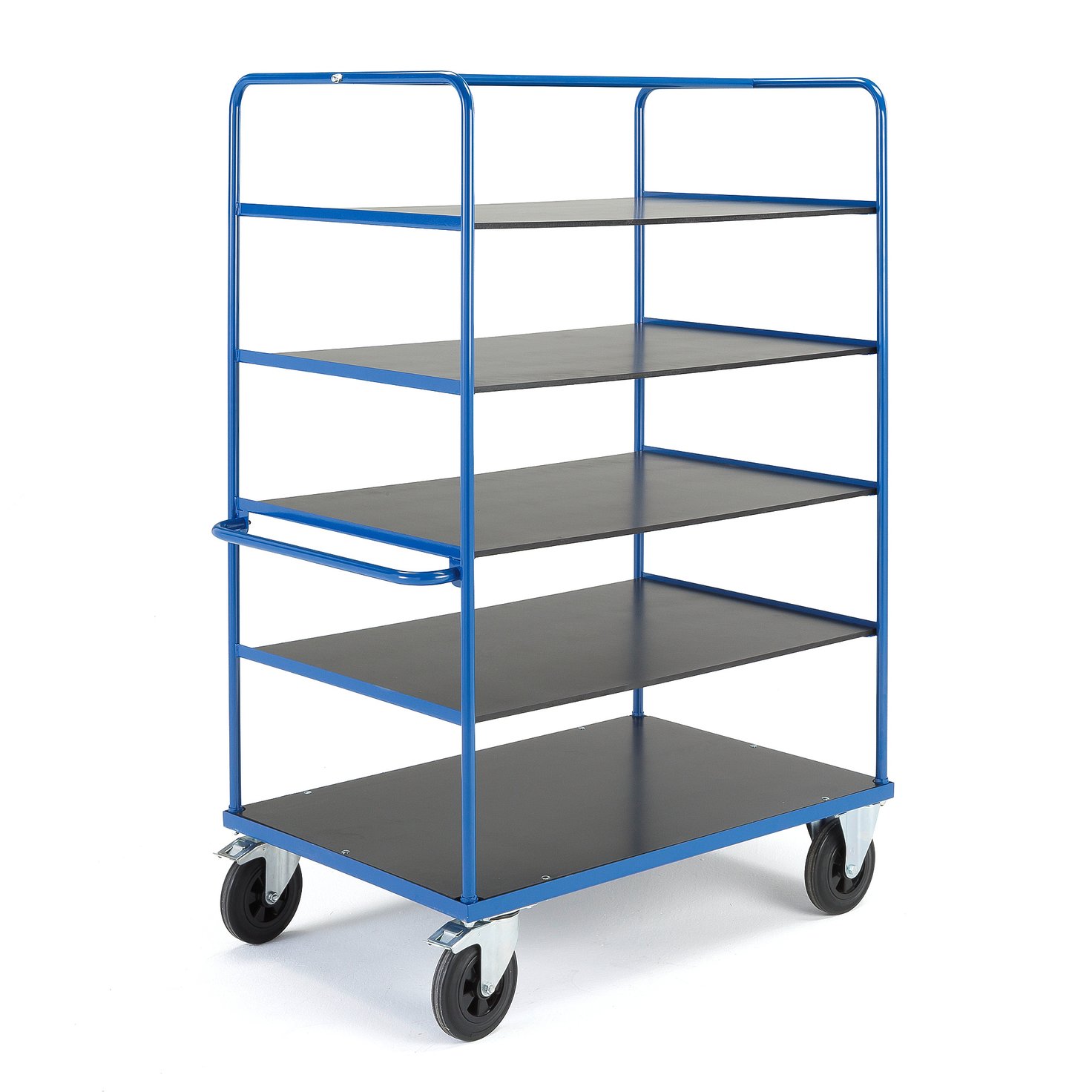 Shelf trolley TRANSFER, 5 shelves, 1200x800x1800 mm, rubber wheels