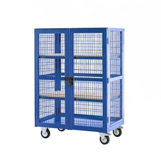 Mobile storage cage, plywood shelves, 1355x900x600 mm, blue