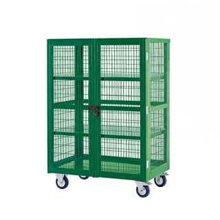 Mobile storage cage, steel shelves, 1355x900x600 mm, green