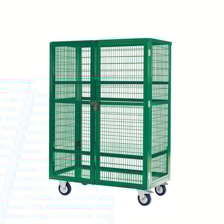 Mobile storage cage, steel shelves, 1655x900x600 mm, green AJ Products