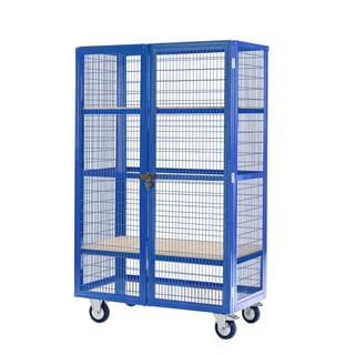 Mobile storage cage, plywood shelves, 1955x900x600 mm, blue