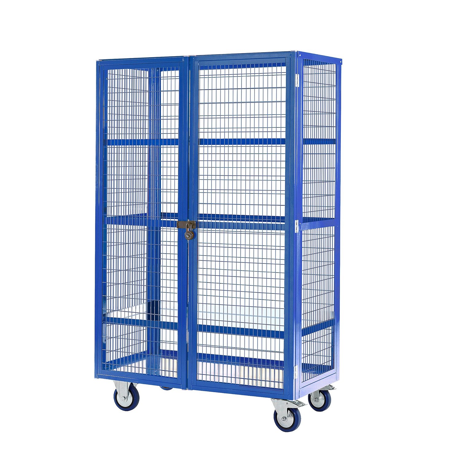 Mobile storage cage, steel shelves, 1955x900x600 mm, blue | AJ Products