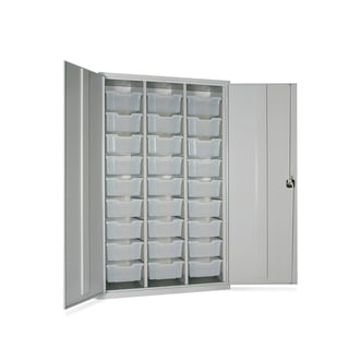 Lockable storage cupboard with trays, 27 trays, 1830x1120x457 mm, clear