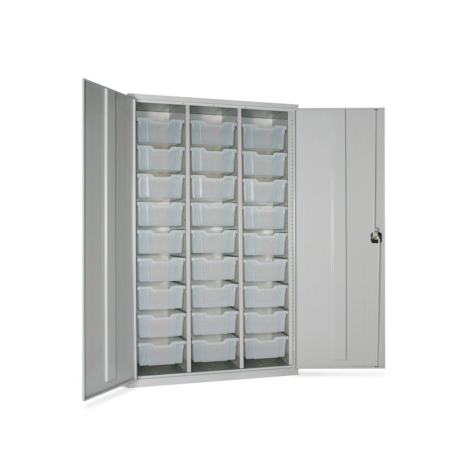 Lockable storage cupboard with trays, 27 trays, 1830x1120x457 mm, clear