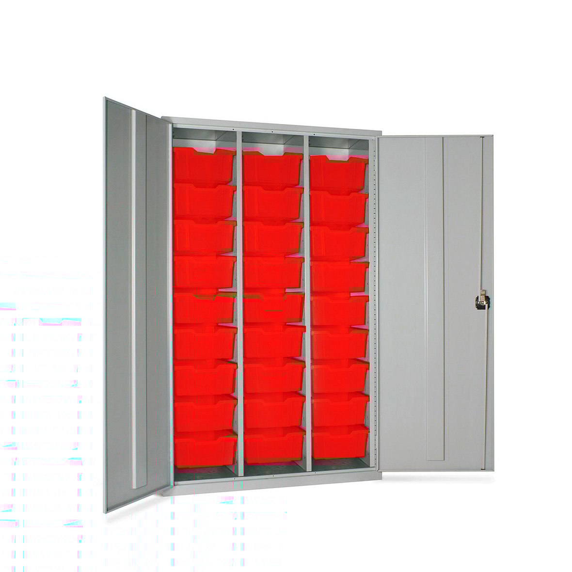 Lockable storage cupboard with trays, 27 trays, 1830x1120x457 mm, red