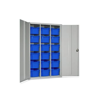 Lockable storage cupboard with trays, 18 trays, 1830x1120x457 mm, blue
