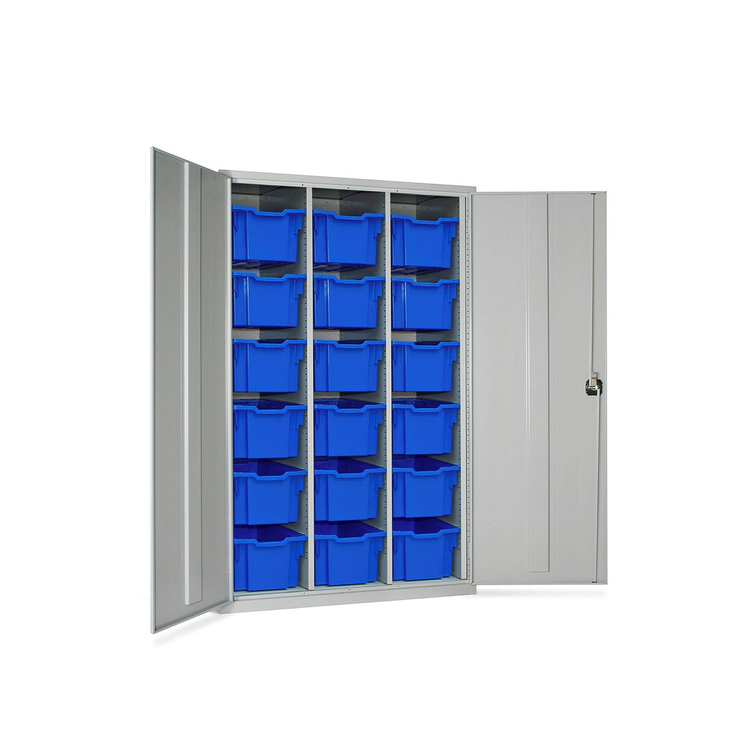 Lockable storage cupboard with trays, 18 trays, 1830x1120x457 mm, blue AJ Products