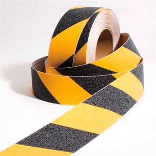 Grip-foot hazard warning tape, 50 mm x 18.3 m, black, yellow