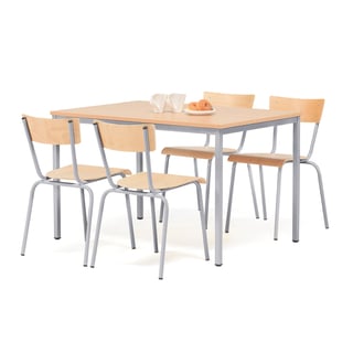 Jídelní sestava JAMIE + PORTLAND, stůl 1200x800 mm + 4 židle, buk/hliníkově šedá