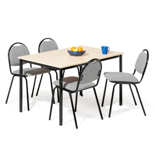 Jídelní sestava JAMIE + WARREN, stůl 1200x800 mm, bříza + 4 židle, šedý textilní potah