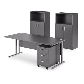 Kontormøbelsæt: Skrivebord Flexus, skuffekassette og opbevaringsskabe i grå laminat