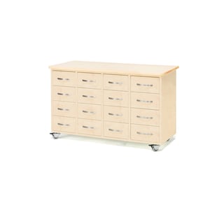 Mobile merchant chest, 16 drawers, bow handle, birch