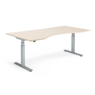 Výškově nastavitelný stůl MODULUS, vykrojený, 2000x1000 mm, stříbrný rám, bříza