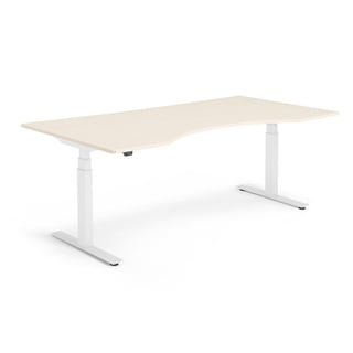 Výškově nastavitelný stůl MODULUS, vykrojený, 2000x1000 mm, bílý rám, bříza