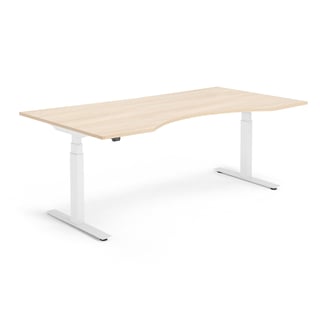 Výškově nastavitelný stůl MODULUS, vykrojený, 2000x1000 mm, bílý rám, dub
