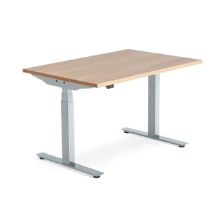 Skrivebord MODULUS, hev/senk, L1200 B800 H640–1290 mm, sølv/eik