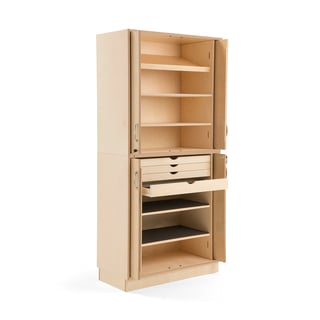 Wooden craft storage cabinet with shelves + drawers, 2100x1000x490 mm, birch