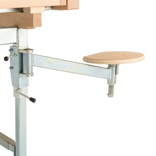 Hinged stool attachment for carpenter's workbench, cork seat