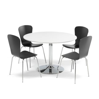 Valgomojo komplektas, 1 stalas Ø1100 mm, baltas + 4 kėdės, juodos