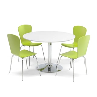 Jídelní set LILY + MILLA, stůl Ø 1100 mm, bílá/chrom + 4 židle, zelené
