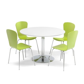 Komplet za jedilnico, 1 miza  Ø1100 mm, bela/krom, + 4 zeleni stoli
