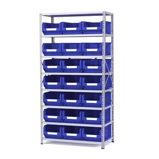 Small parts shelving APART + POWER, incl. 21 blue bins, 1970x1000x500 mm
