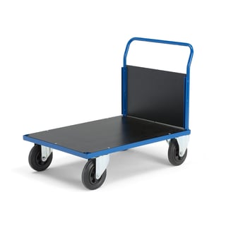 Plošinový vozík TRANSFER, 1 čelní dřevěná stěna, 1000x700 mm, gumová kola, bez brzd