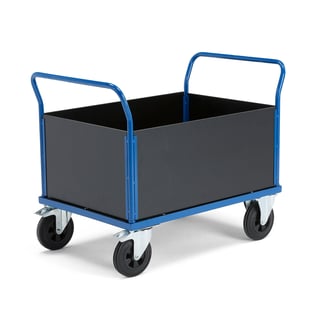 Platform trolley TRANSFER, high wooden sides, 1000x700 mm, solid rubber, with brakes