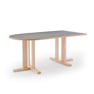 Table KUPOL, half oval, 1800x800x720 mm, grey linoleum, birch