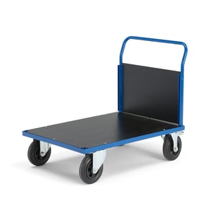 Platform trolley TRANSFER, 1 wooden end, 1000x700 mm, solid rubber, with brakes