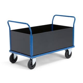 Platform trolley TRANSFER, high wooden sides, 1200x800 mm, solid rubber, no brakes