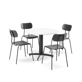 Canteen package SANNA +RENO, 1 x white table Ø 900 mm + 4 x black chairs