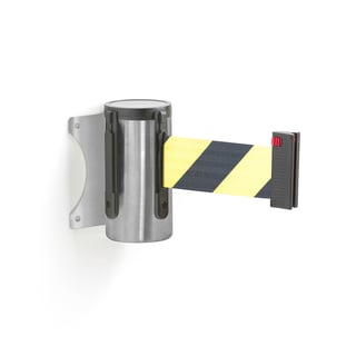 Belt barrier, wall mounted, 2300 mm, brushed steel, yellow/black belt