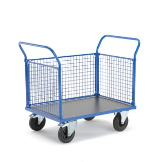 Platform trolley TRANSFER, 3 mesh sides, 1000x700 mm, solid rubber, with brakes