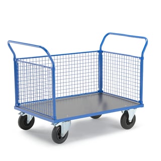 Platform trolley TRANSFER, 3 mesh sides, 1200x800 mm, solid rubber, with brakes