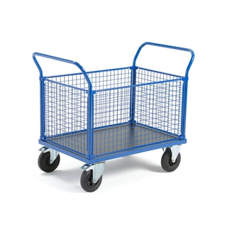 Platform trolley TRANSFER, 4 mesh sides, 1000x700 mm, solid rubber, with brakes