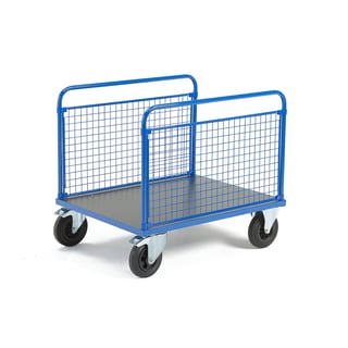 Platform trolley TRANSFER, 2 long mesh sides, 1000x700 mm, solid rubber, with brakes