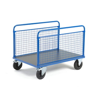 Platform trolley TRANSFER, 2 long mesh sides, 1200x800 mm, solid rubber, with brakes