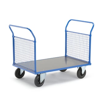 Platforminis vežimėlis TRANSFER, 2 grotuoti galiniai rėmai, 1200x800mm, 500kg, guminiai ratai, be st